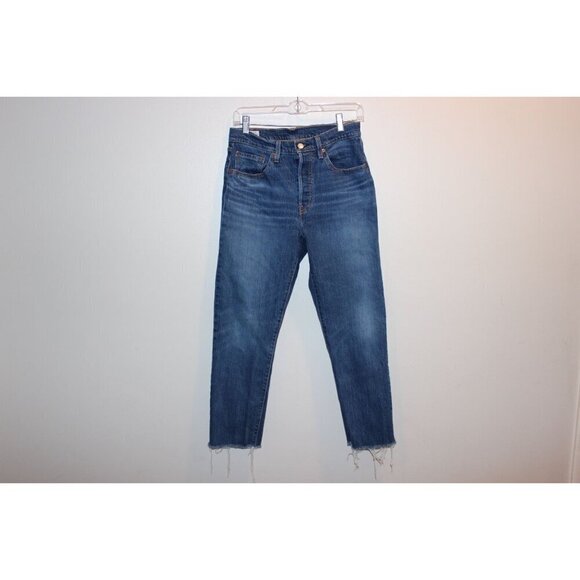 Levis Premium Womens High-Waisted Button-Fly Distressed Hem Blue Denim Jeans Siz - Picture 1 of 12